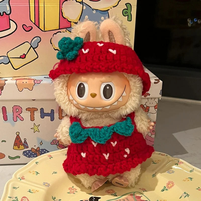 Doll Clothes For Labubu Cute Hand Knitting Sets Bear Pig Strawberry Hat Skirt 2PCS/Pack Plush Cotton Doll DIY Dress Up Accessory