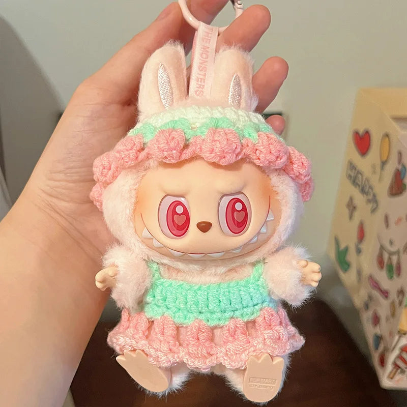 Doll Clothes For Labubu Cute Hand Knitting Sets Bear Pig Strawberry Hat Skirt 2PCS/Pack Plush Cotton Doll DIY Dress Up Accessory
