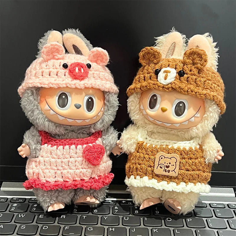 Doll Clothes For Labubu Cute Hand Knitting Sets Bear Pig Strawberry Hat Skirt 2PCS/Pack Plush Cotton Doll DIY Dress Up Accessory