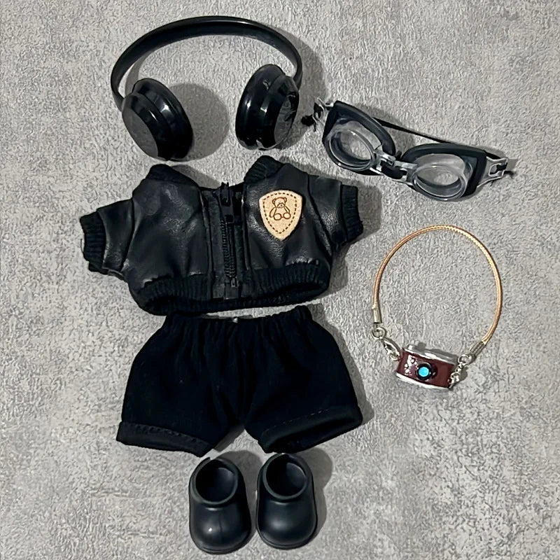 Clothes For Labubu 15 Cm 17 Cm Dolls 1st To 3rd Generation Shield Bear Black Leather Jacket Set Clothing Accessories
