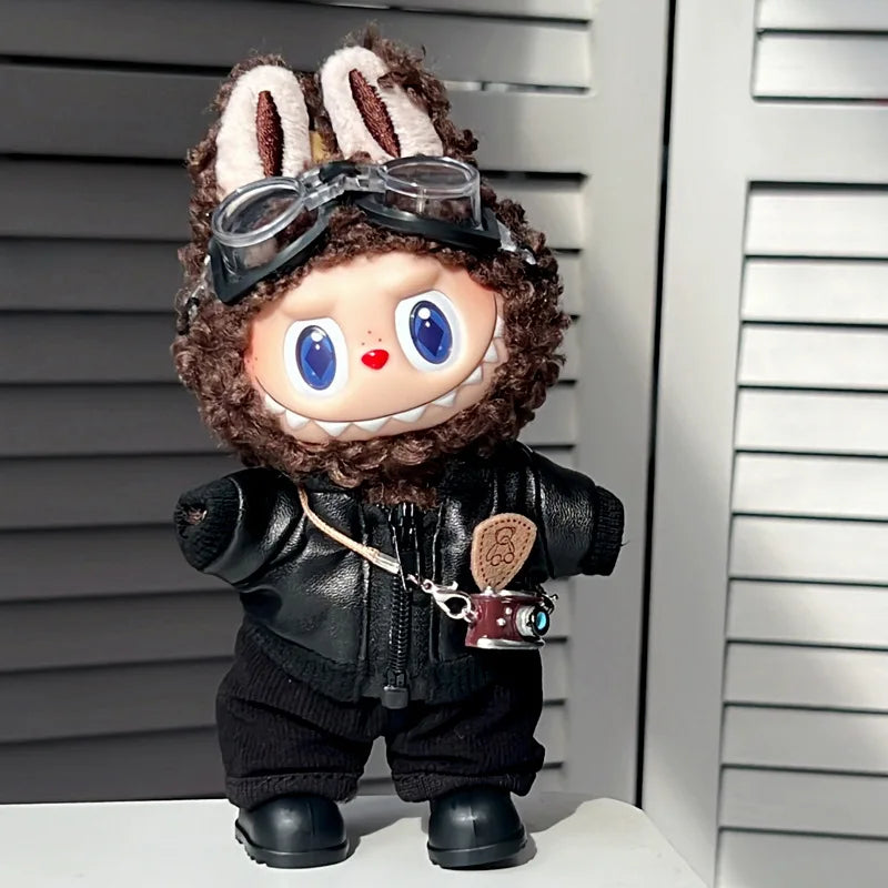 Clothes For Labubu 15 Cm 17 Cm Dolls 1st To 3rd Generation Shield Bear Black Leather Jacket Set Clothing Accessories