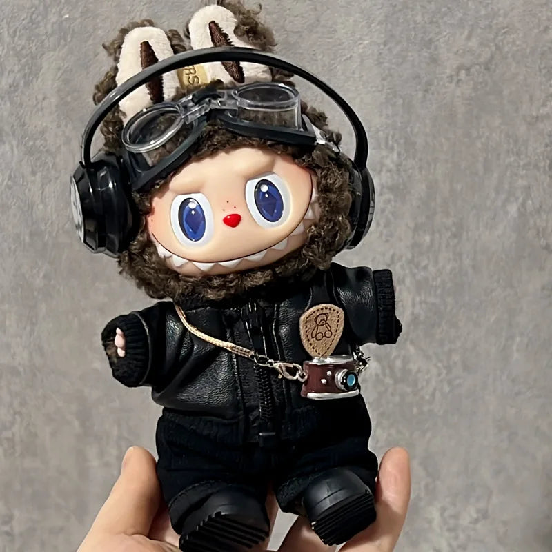 Clothes For Labubu 15 Cm 17 Cm Dolls 1st To 3rd Generation Shield Bear Black Leather Jacket Set Clothing Accessories