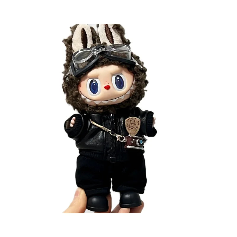 Clothes For Labubu 15 Cm 17 Cm Dolls 1st To 3rd Generation Shield Bear Black Leather Jacket Set Clothing Accessories