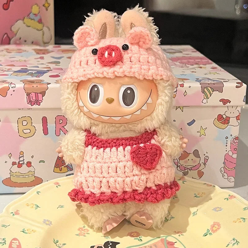 Doll Clothes For Labubu Cute Hand Knitting Sets Bear Pig Strawberry Hat Skirt 2PCS/Pack Plush Cotton Doll DIY Dress Up Accessory