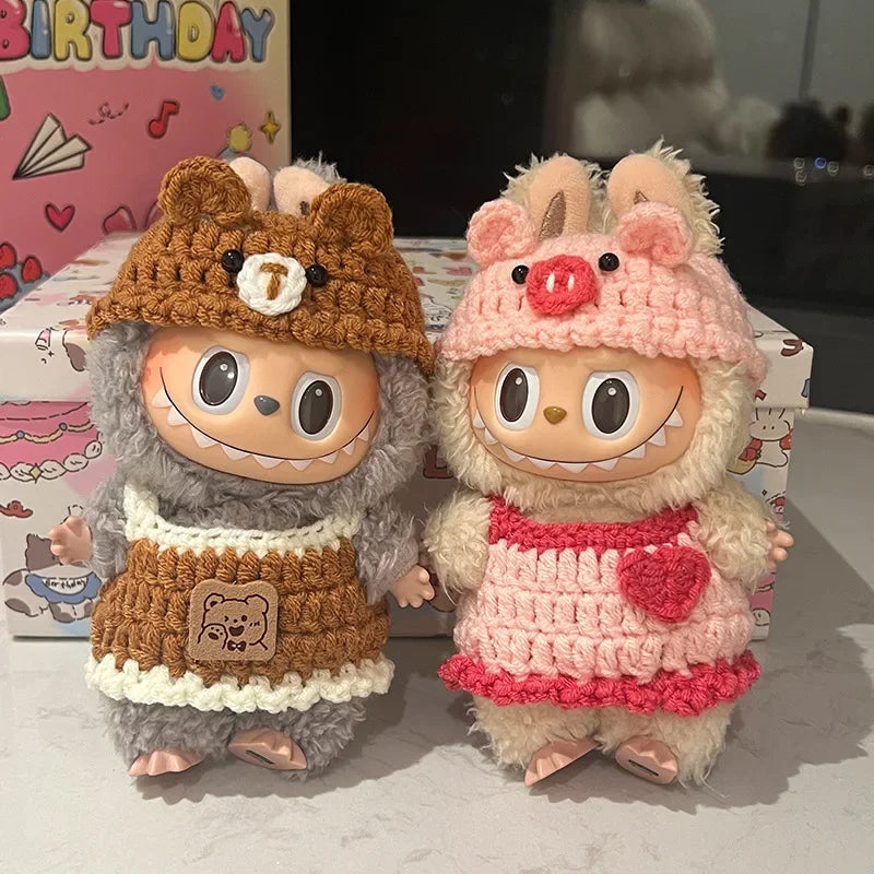 Doll Clothes For Labubu Cute Hand Knitting Sets Bear Pig Strawberry Hat Skirt 2PCS/Pack Plush Cotton Doll DIY Dress Up Accessory