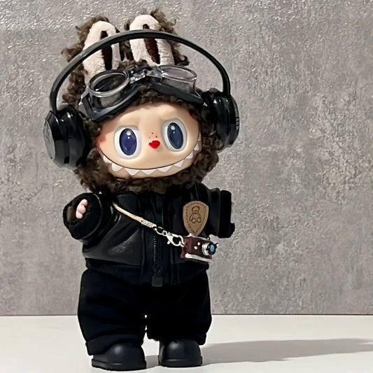 Clothes For Labubu 15 Cm 17 Cm Dolls 1st To 3rd Generation Shield Bear Black Leather Jacket Set Clothing Accessories
