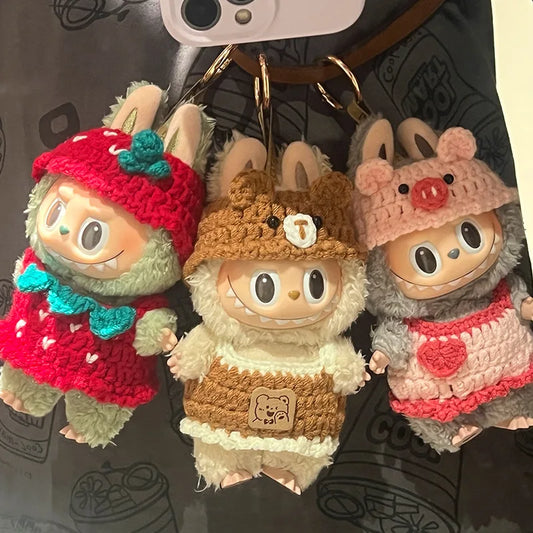 Doll Clothes For Labubu Cute Hand Knitting Sets Bear Pig Strawberry Hat Skirt 2PCS/Pack Plush Cotton Doll DIY Dress Up Accessory